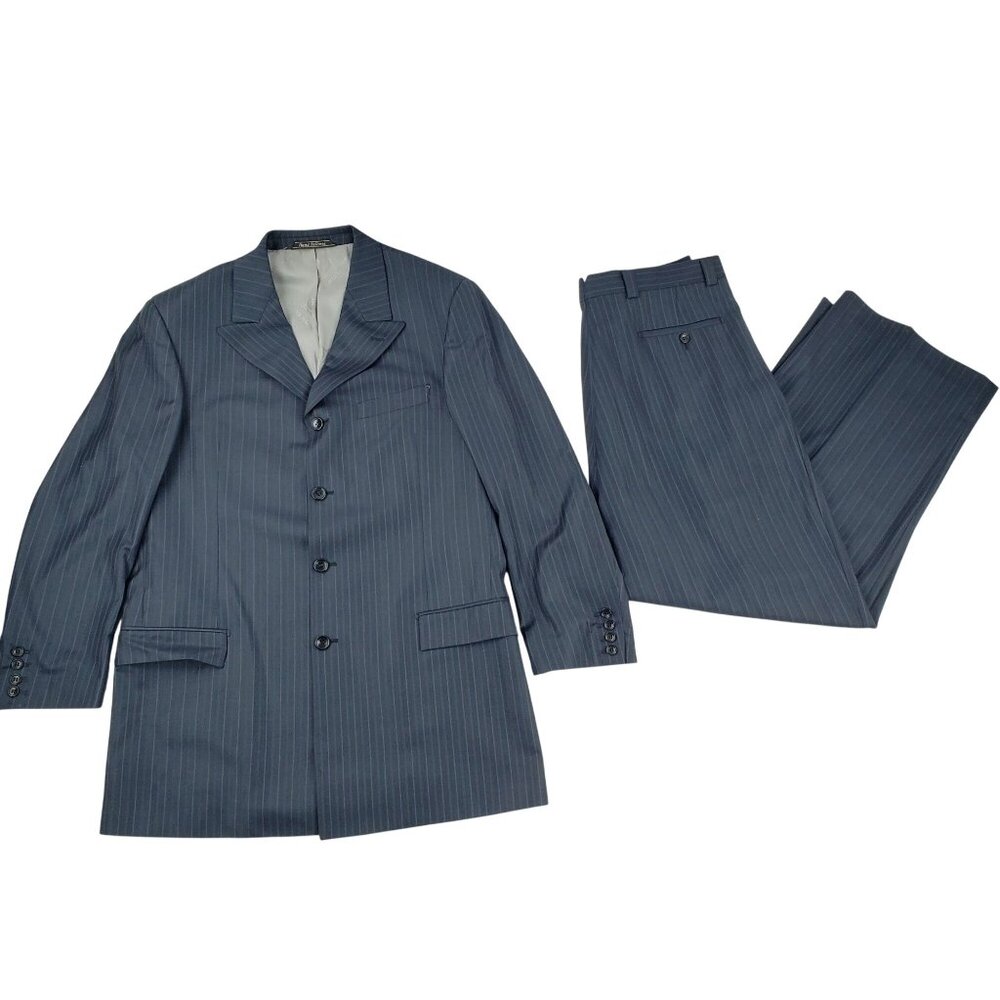 Steve Harvey Collection 2 Piece Suit Men's 42L 36x30 Blue Striped Wool Peak